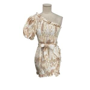 Cleobella Pia Mini Watercolor Dress Smocked Tan White Size XS